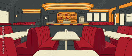 Empty retro diner interior with red booths and tables in a comic book illustration style, showing a classic restaurant bar with vintage decor and warm lighting