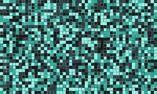 Abstract teal and black pixel mosaic pattern.  Perfect for backgrounds, website design, tech concepts, or presentations needing a modern, stylish, and slightly chaotic feel.