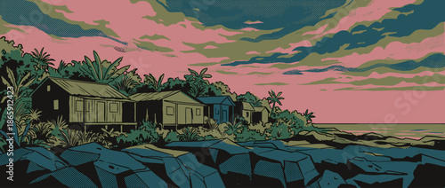 Village of rustic wooden huts sits among lush jungle foliage on a rocky shoreline under a dramatic pink and teal sky in a graphic comic book art style