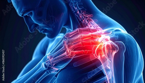 Digital illustration of a semi-transparent human figure touching an inflamed shoulder, with red highlights on the joint.