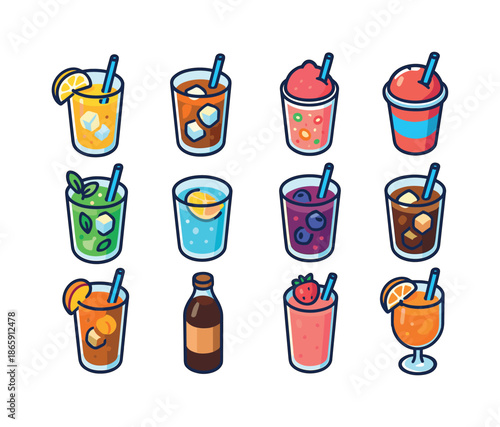 Summer Drink Icons. Summer drinks. Colorful isometric vector icons set of summer drinks: iced lemonade, iced tea, fruit soda, slushie cup, mint cooler,