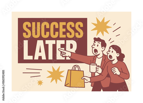 Bold Success Banner. Success later banner, flat vector illustration, bold oversized text inside rectangular frame, cartoon characters shouting and pointing