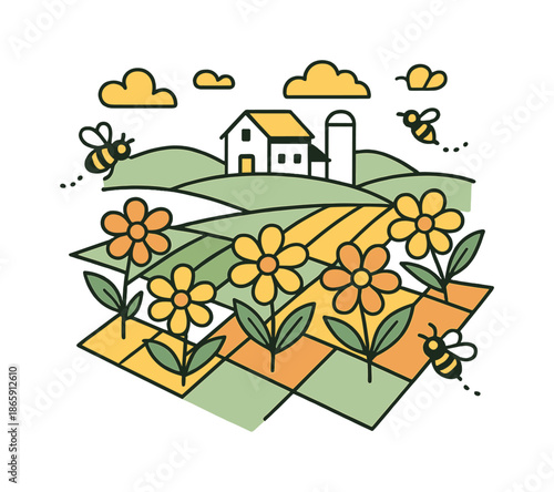 Blooming Pastel Farm. Countryside in Bloom. A distant farm sits on soft pastel hills, with geometric flower fields in the foreground. Floating cloud shapes and