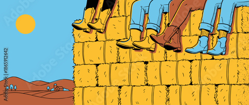 Four pairs of legs in colorful western boots and blue jeans sitting on a large stack of golden hay bales in a minimalist rural farm landscape illustration