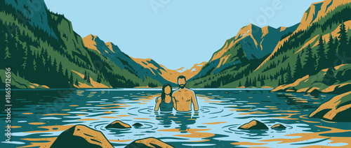 Man and woman couple embracing while standing in a calm mountain lake, surrounded by a scenic forest and majestic peaks in a serene, graphic illustration travel poster style