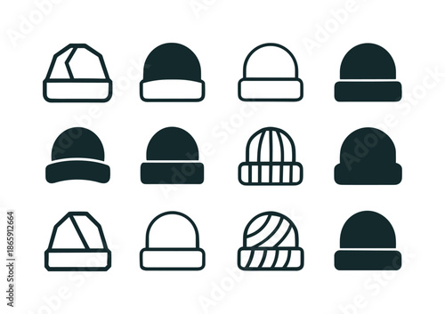 Beanie Icon Set. beanies. Icon set. Set Logo of beanies: folded cuff. harmonious logo variations of the same emblematic concept, each with different artistic