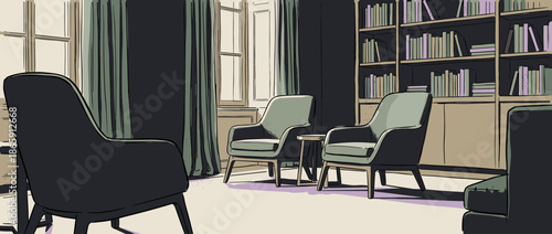 Illustrated therapy office with modern armchairs arranged for a group counseling session in a quiet, contemplative room with a large bookcase and window