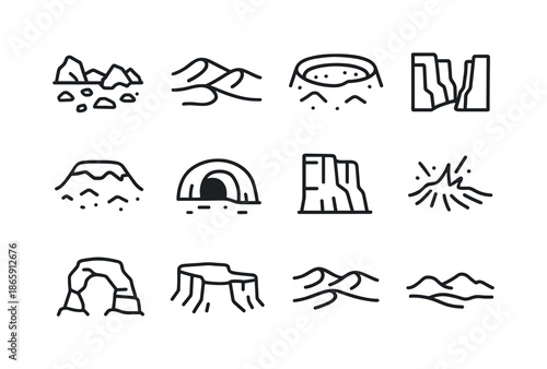 Martian Landscape Icons. Martian landscapes. Line icon set of Martian landscapes: rocky terrain, dust dunes, crater rim, canyon valley, ice cap, lava tube,