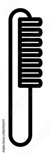 Minimalist black line art icon of a classic hair comb with a handle. Ideal for beauty, grooming, and barber shop branding, apps, or web design focusing on hygiene and personal style.