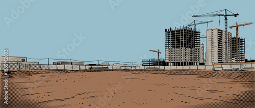 Construction site with several unfinished high-rise buildings and tower cranes depicted in a retro comic book style with halftone dot patterns and a limited color palette