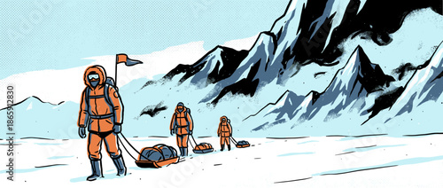 Team of explorers in orange parkas pulling sleds on a difficult expedition through a snowy, mountainous landscape in a graphic comic book illustration style