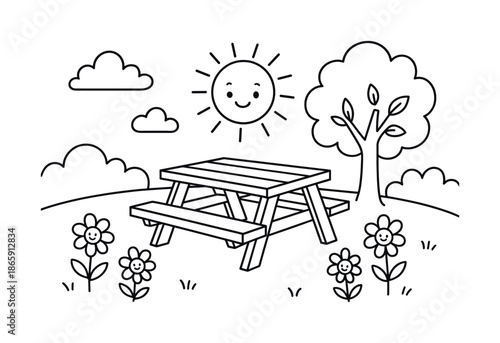 Children's Park Coloring Page. Park scene with picnic bench children?s coloring book illustration, outlined drawing, friendly outdoor setting with a bench,