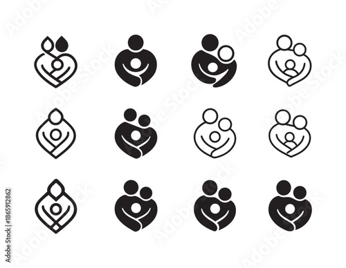 Family Embrace Icons. The act of caring and nurturing loved ones. Icon set. Set Logo of the act of caring and nurturing loved ones: family embrace symbol.