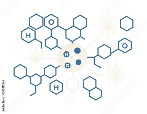 Molecular Chain Reactions. Molecular structure. Hexagon patterns expanding from a central substance icon; light pulses showing chain reactions. Letters like