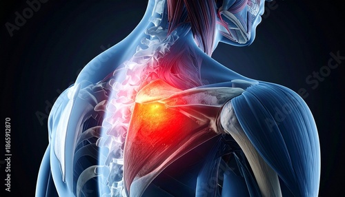 Digital illustration of a semi-transparent human figure touching an inflamed shoulder, with red highlights on the joint.