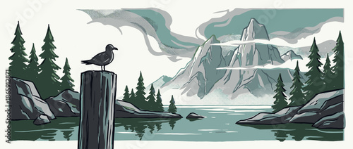Serene landscape illustration in a retro comic style showing a bird on a post by a calm lake with a pine forest and majestic mountains under a dramatic cloudy sky