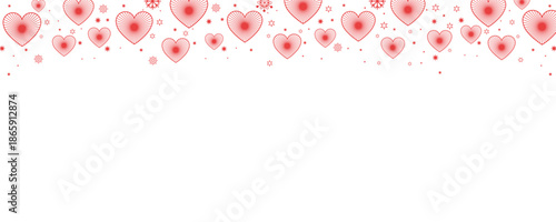 Vibrant seamless horizontal border of pink and red hearts with sparkling snowflakes and stars on transparent background. Perfect for Valentine's Day, romantic designs, love cards, invitations.