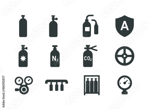 Industrial Gas Icons. Industrial gases. Solid icon set of Industrial gases: industrial cylinder, acetylene tank, welding gas icon, argon shield, compressed air