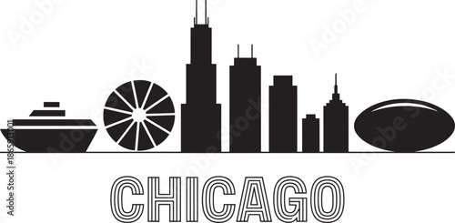 Chicago city silhouette vector icon with willis tower navy pier and cloud gate bean sculpture