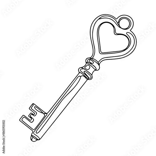 Vintage heart key vector line art illustration symbolizing love, trust and romance for Valentine’s Day, elegant hand drawn outline design