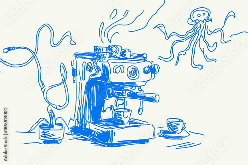 Surreal Coffee Machine Surrounded by Jellyfish