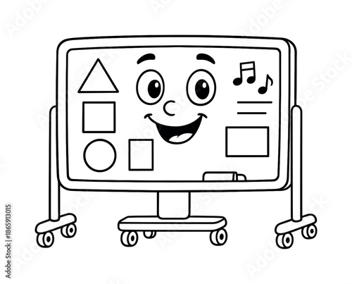 Smart Board Coloring Page. Digital whiteboard children?s coloring book illustration, outlined drawing, a smiling smart board showing basic shapes and notes,