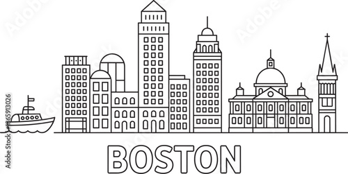 Foto boston city skyline line art outline with ship and text for travel posters