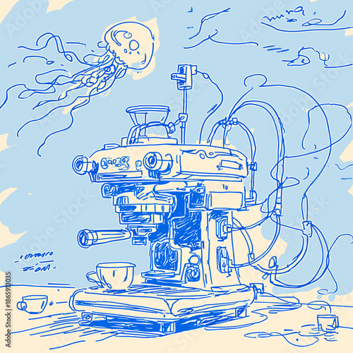 Surreal Coffee Machine Surrounded by Jellyfish