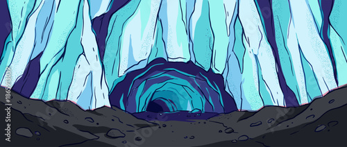 Cartoon illustration of an ice cave entrance with towering frozen walls and a dark, mysterious tunnel leading into a glacier, depicted in a cool blue and purple color palette
