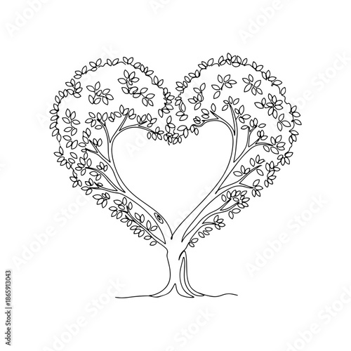 Tree shaped heart vector line art illustration symbolizing growing love and connection for Valentine’s Day, elegant hand drawn outline