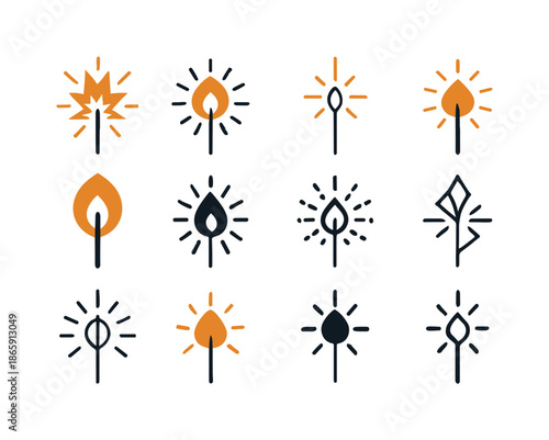 Sparkler Logo Variations. Sparkler. Icon set. Set Logo of Sparkler: glowing flame tip. harmonious logo variations of the same emblematic concept, each with