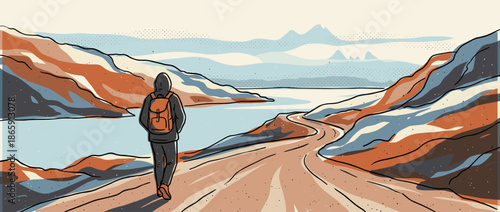 Lone traveler with an orange backpack walking on a winding path through a serene mountain landscape next to a lake in a minimalist, hand-drawn graphic illustration