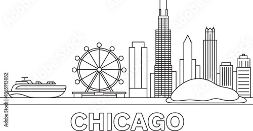 Chicago city skyline line art illustration with navy pier ferris wheel and cloud gate sculpture