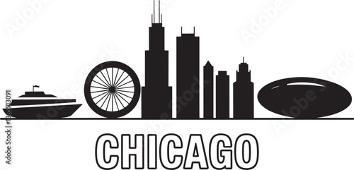 Chicago skyline silhouette black vector illustration with willis tower and navy pier ferris wheel