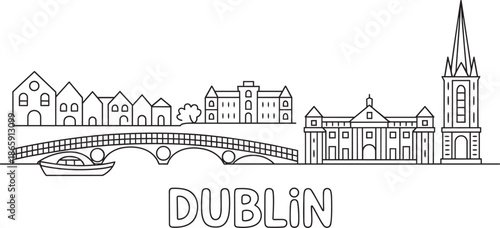 Dublin city skyline line art illustration with ha penny bridge and christ church cathedral spire