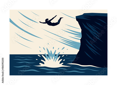 Cliff Diving Thrill. High-risk activities. Cliff diver soaring from a towering ledge; spray erupting below. Windswept lines showing the rush of freefall.