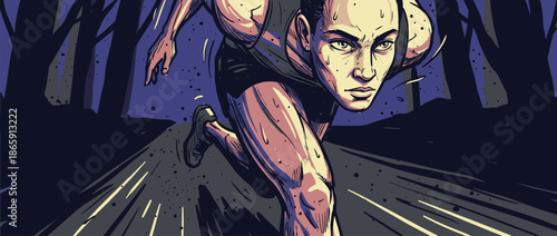 Determined athletic runner with an intense expression sprints forward on a dark road at night in a dynamic, dramatic comic book illustration style with bold outlines