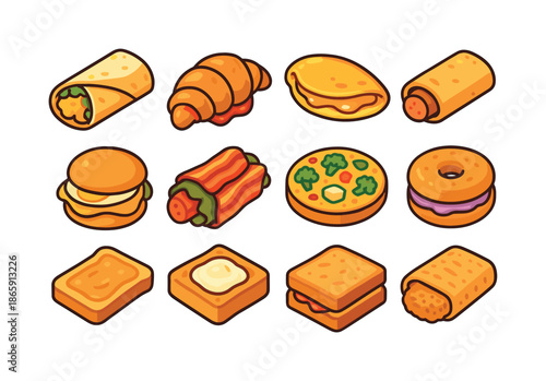 Colorful Breakfast Icons. Breakfast with fillings. Colorful isometric vector icons set of breakfast with fillings: breakfast burrito, jam-filled croissant,