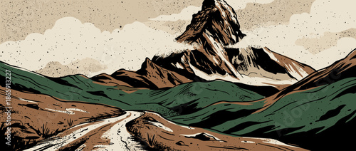 Dramatic mountain range illustration in a vintage graphic style, featuring a winding path through green hills towards a majestic, rugged peak with bold lines and a speckled texture