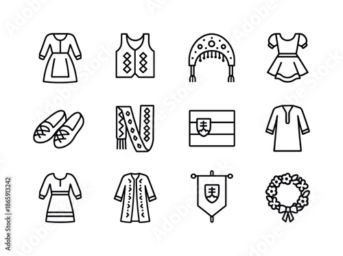 Cultural Icon Collection. Culture & tradition. Line icon set of Culture & tradition: folk costume, embroidered vest, ceremonial headdress, dance dress,