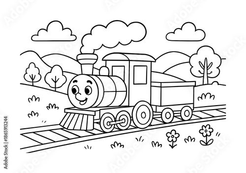 Scenic Train Coloring Page. Taking a scenic train ride through picturesque countryside children?s coloring book illustration, outlined drawing, a friendly