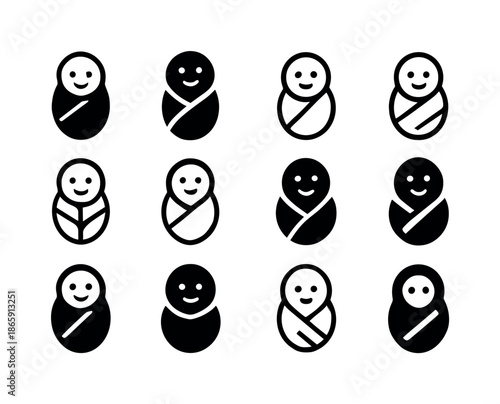 Baby Logo Variations. Baby. Icon set. Set Logo of baby: swaddle. harmonious logo variations of the same emblematic concept, each with different artistic