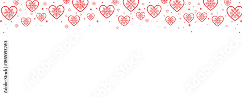 Vibrant seamless horizontal border of pink and red hearts with sparkling snowflakes and stars on transparent background. Perfect for Valentine's Day, romantic designs, love cards, invitations.
