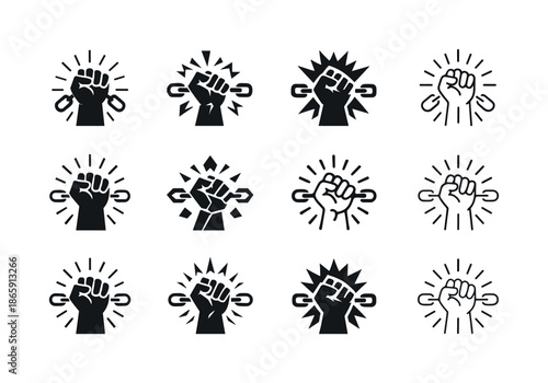 Dynamic Chain Emblems. Breaking chains in rage. Icon set. Set Logo of Breaking chains in rage: burst of force. harmonious logo variations of the same