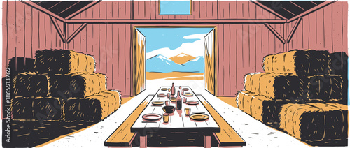 Long wooden dining table set for a festive meal inside a rustic barn, a graphic illustration with hay bales and an open door revealing a scenic mountain landscape