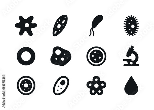 Protozoa Icon Set. Protozoa. Solid icon set of Protozoa: amoeba, paramecium, flagella, cilia, nucleus, cytoplasm, petri dish, microscope, cyst, vacuole, spore,