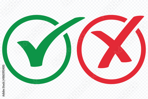 Approval and Rejection Icons showing Green Tick and Red Cross Marks inside Circles. Check mark icons. green check mark and red cross mark icon set. green tick and red x Symbols of approval and Decline