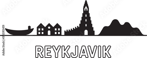 Reykjavik cityscape black shape vector illustration famous hallgrimskirkja tower and natural scenery elements