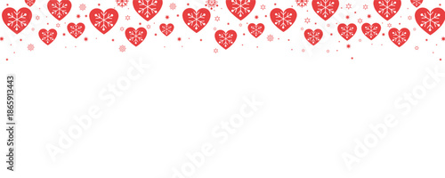 Vibrant seamless horizontal border of pink and red hearts with sparkling snowflakes and stars on transparent background. Perfect for Valentine's Day, romantic designs, love cards, invitations.