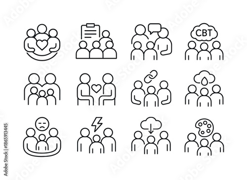 Group Therapy Icons. Types of group therapy. Line icon set of Types of group therapy: support group icon, skills training, psychoeducation icon, CBT group,